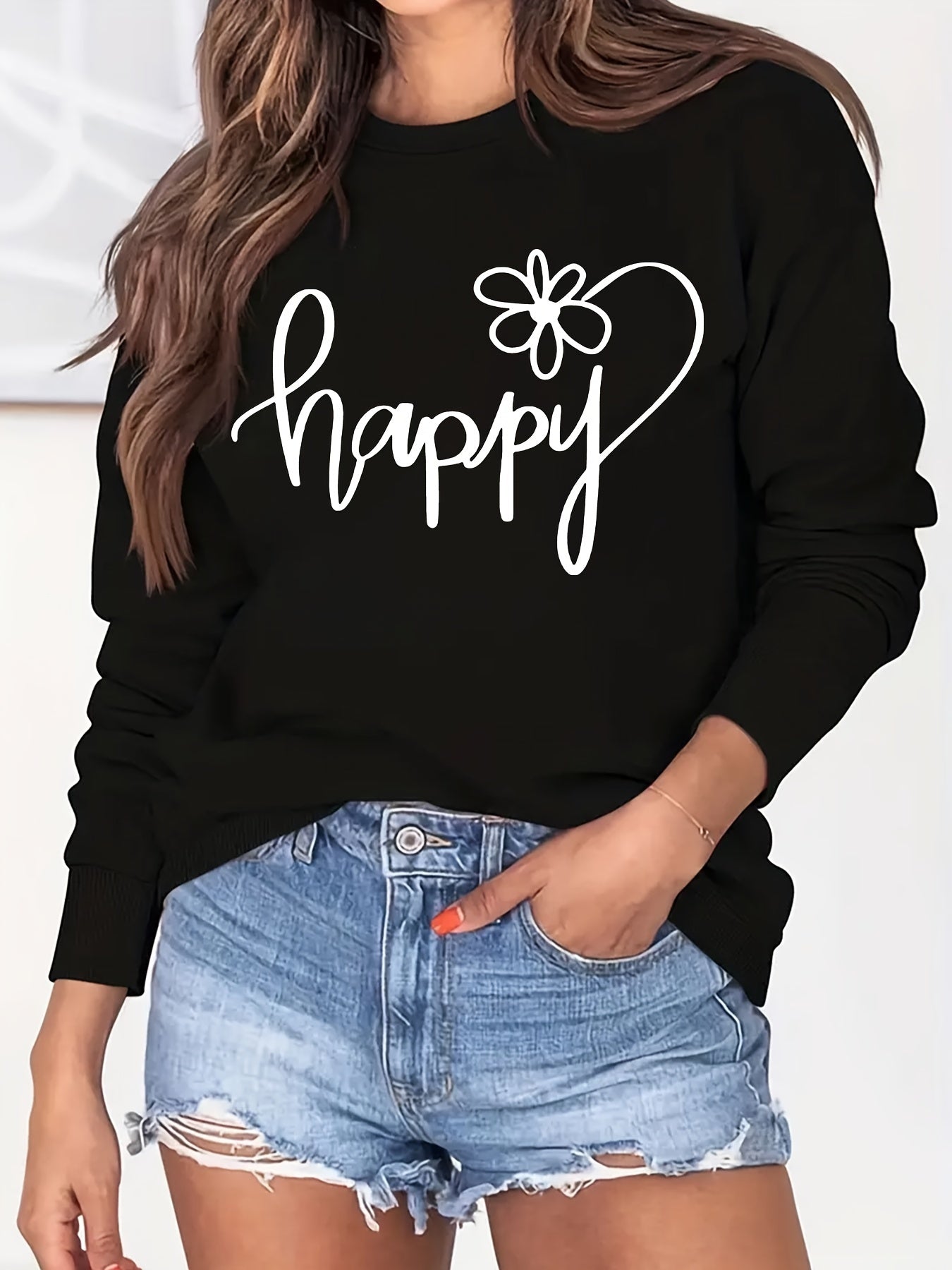Happy Print Sweatshirt Crew Neck Women's Clothing