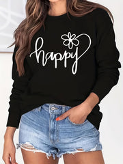 Happy Print Sweatshirt Crew Neck Women's Clothing