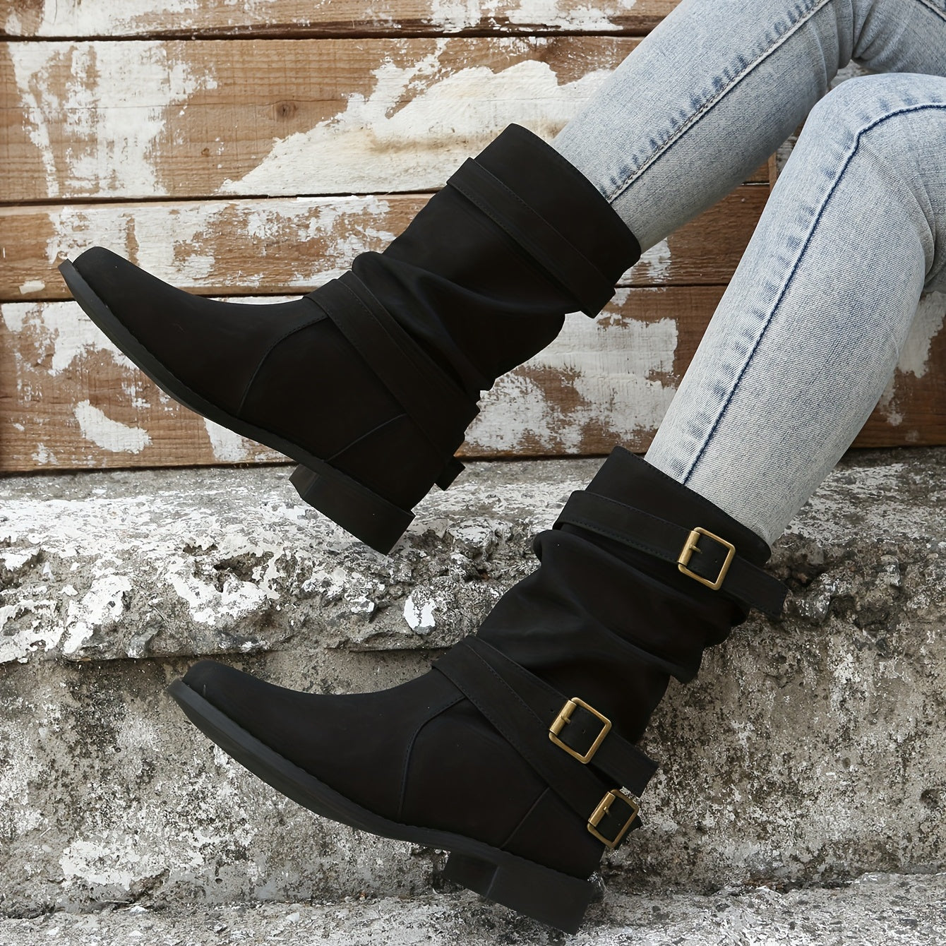 Women's Chunky Heel Boots with Buckle Strap, Slip On Comfortable Western Boots