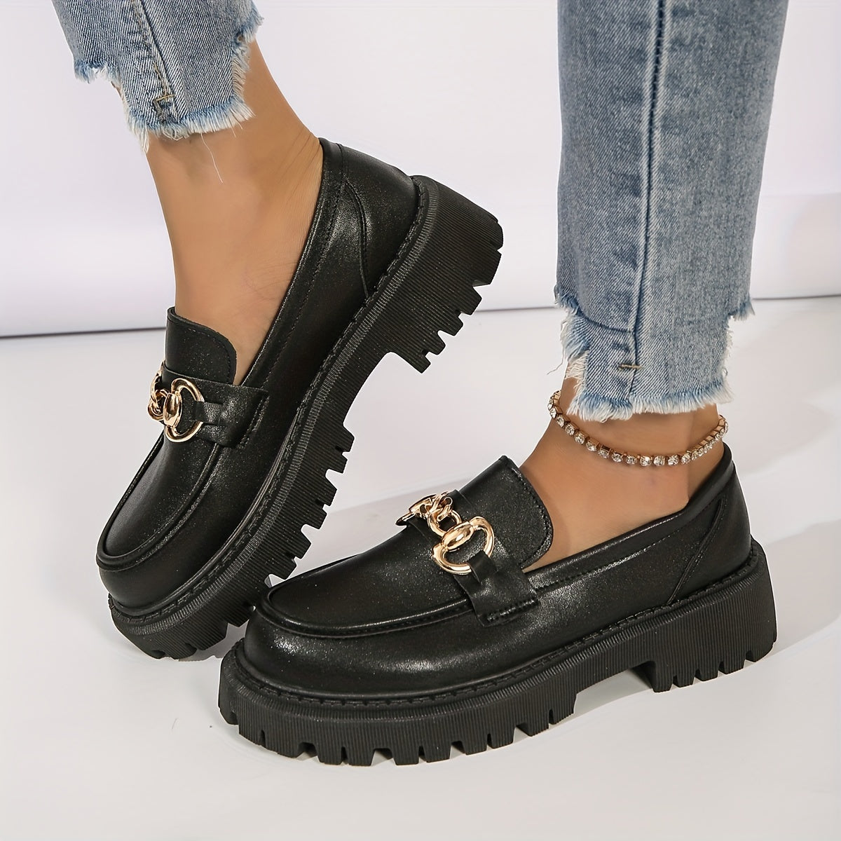 Platform Loafers Metallic Buckle Chunky Heeled Shoes Slip On Shoes