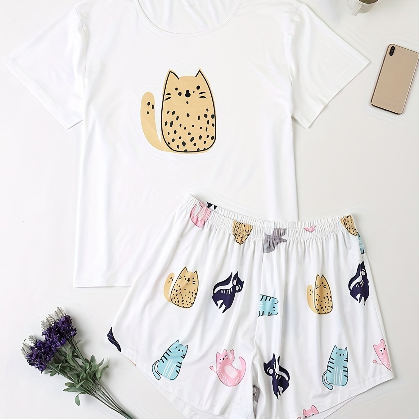 Plus Size Cat Print Pajamas Set Women's Short Sleeve Shirt & Shorts