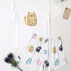 Plus Size Cat Print Pajamas Set Women's Short Sleeve Shirt & Shorts