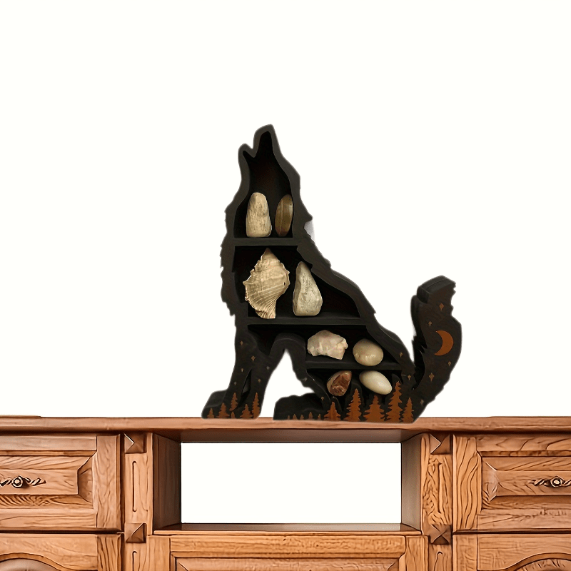 Wolf Shaped Crystal Storage Rack Wooden Wall Mounted Display Organizer