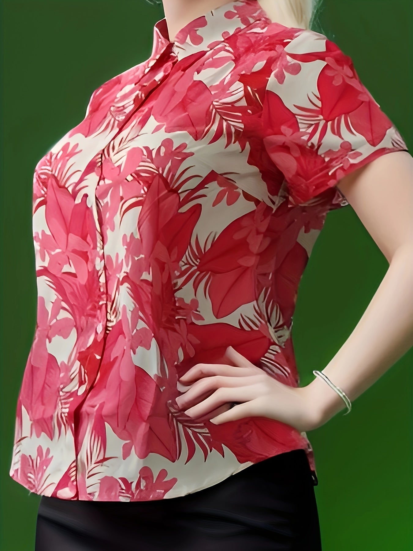 Leaf Print Button Up Short Sleeve Blouse