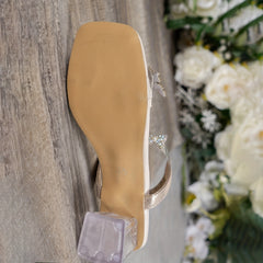 Floral Rhinestone Sandals Square Toe Block Heel Shoes