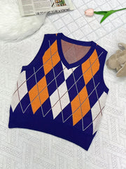 Big Girls Casual V-neck Argyle Graphic Knitted Vest