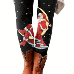 Christmas Leggings Women's Plus Size Santa Claus & Moon & Star Print