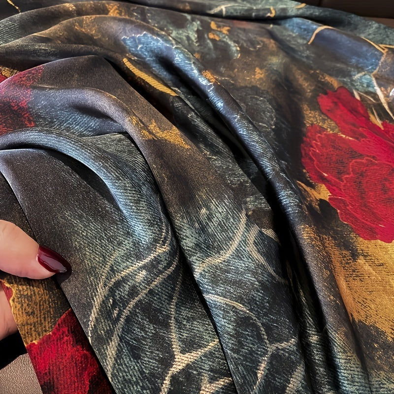 Vintage Red Flower Print Scarf Dark Tie Dye Satin Shawl