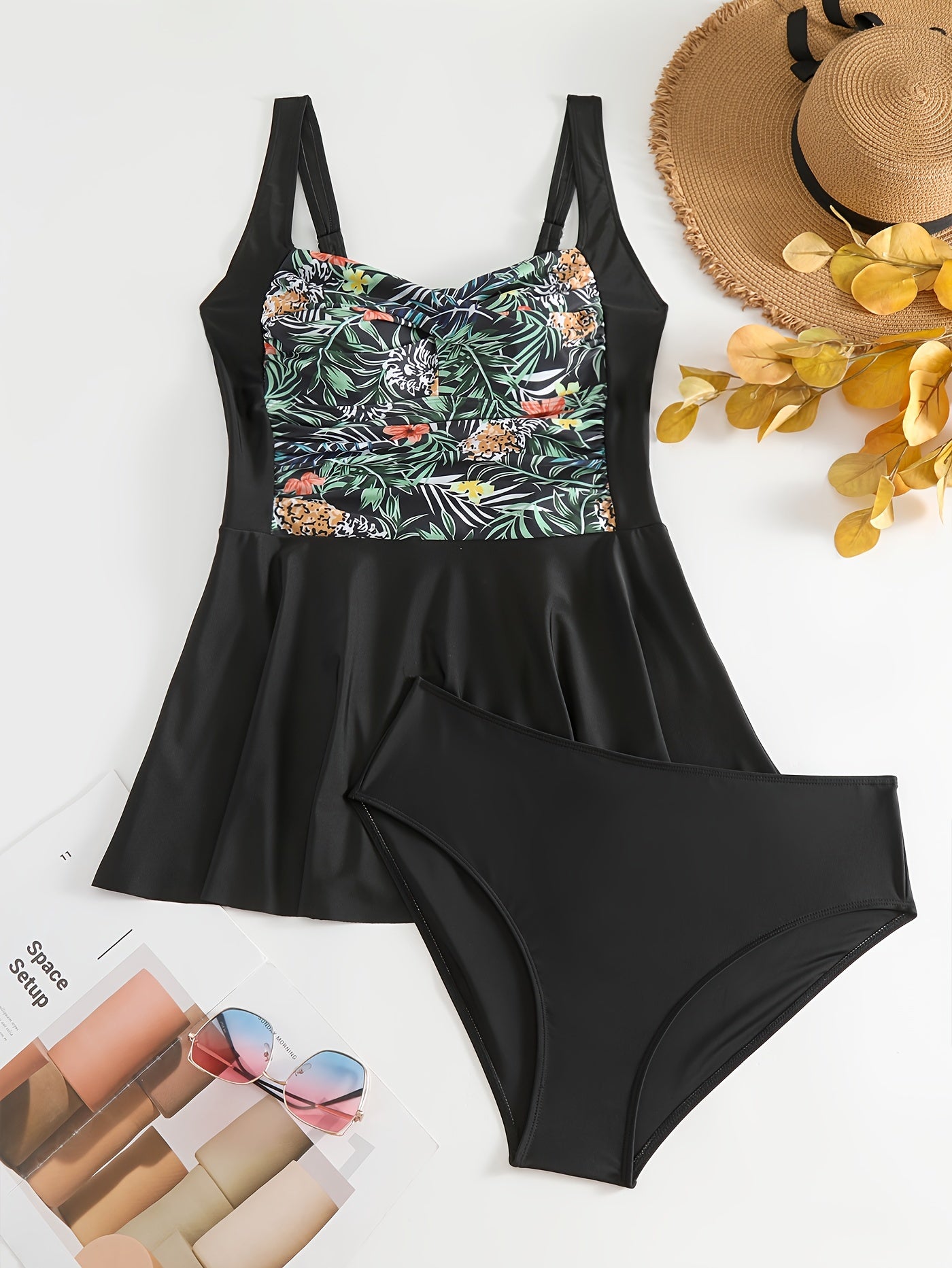 Vacay Tankini Set Contrast Tropical Print Square Neck Cam