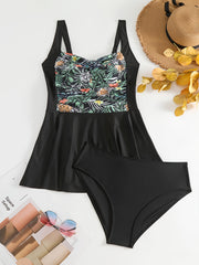 Vacay Tankini Set Contrast Tropical Print Square Neck Cam
