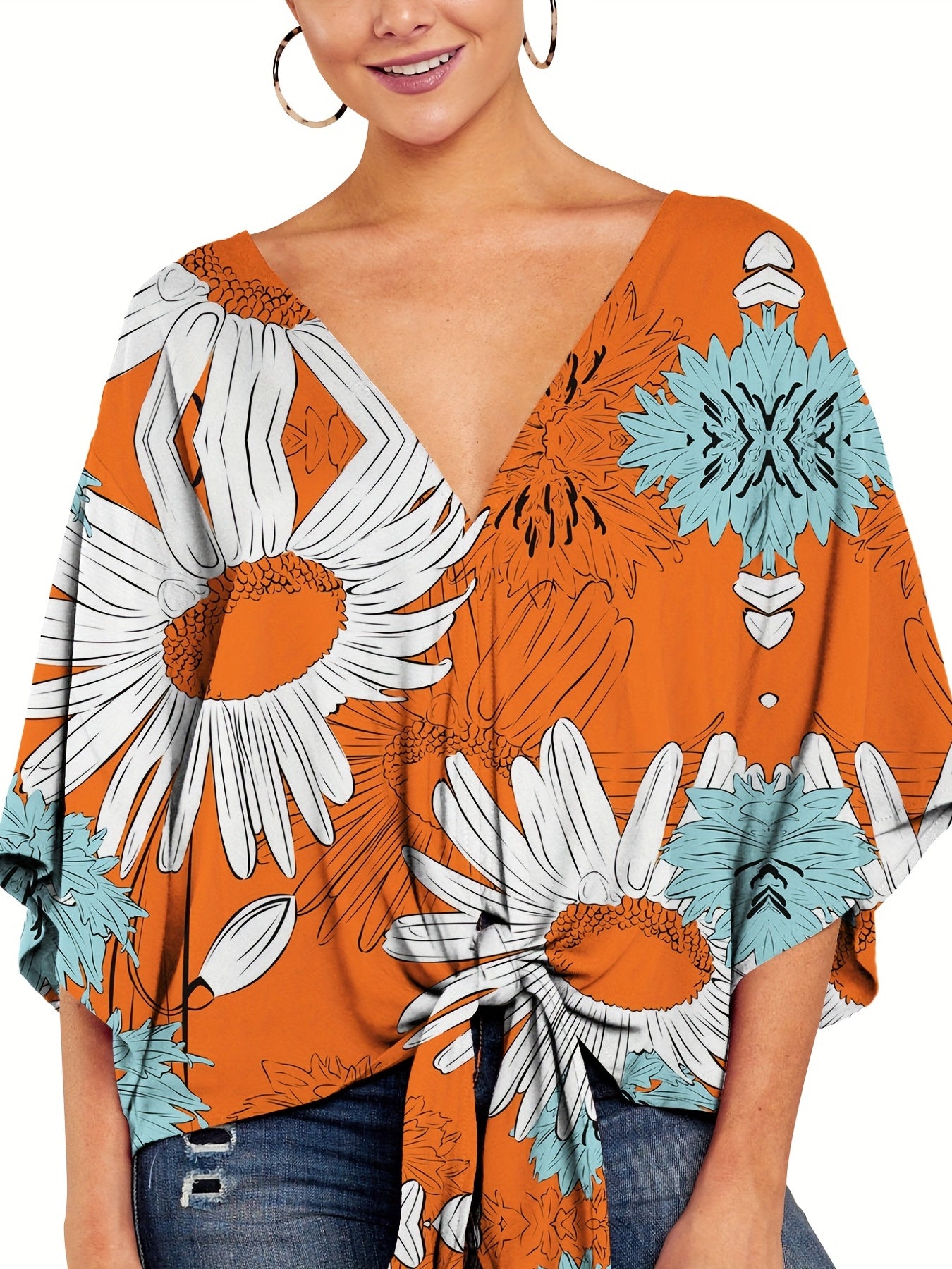 Floral Print V Neck Tie Sleeve Blouse