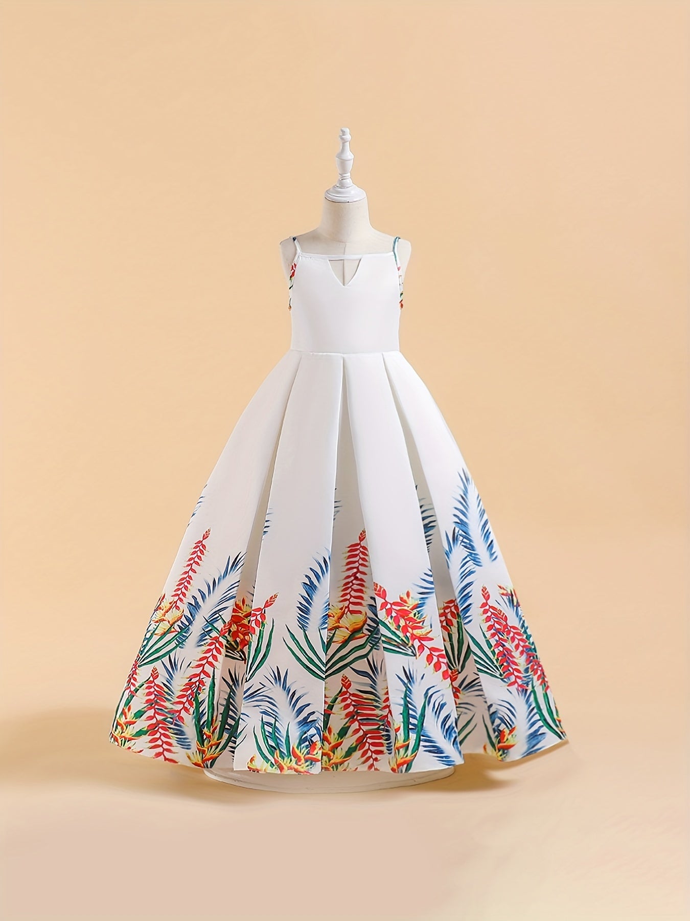 Girls Tropical Print Cut Out Pleated Party Dress Suspenders Printed Long Skirt