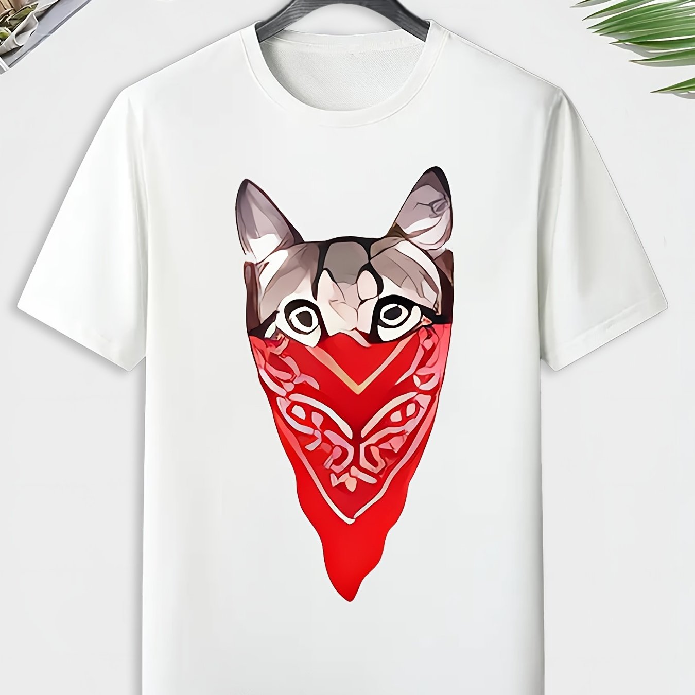 Men's Cat Print T-shirt Active Comfy Stretch Crew Neck Tee