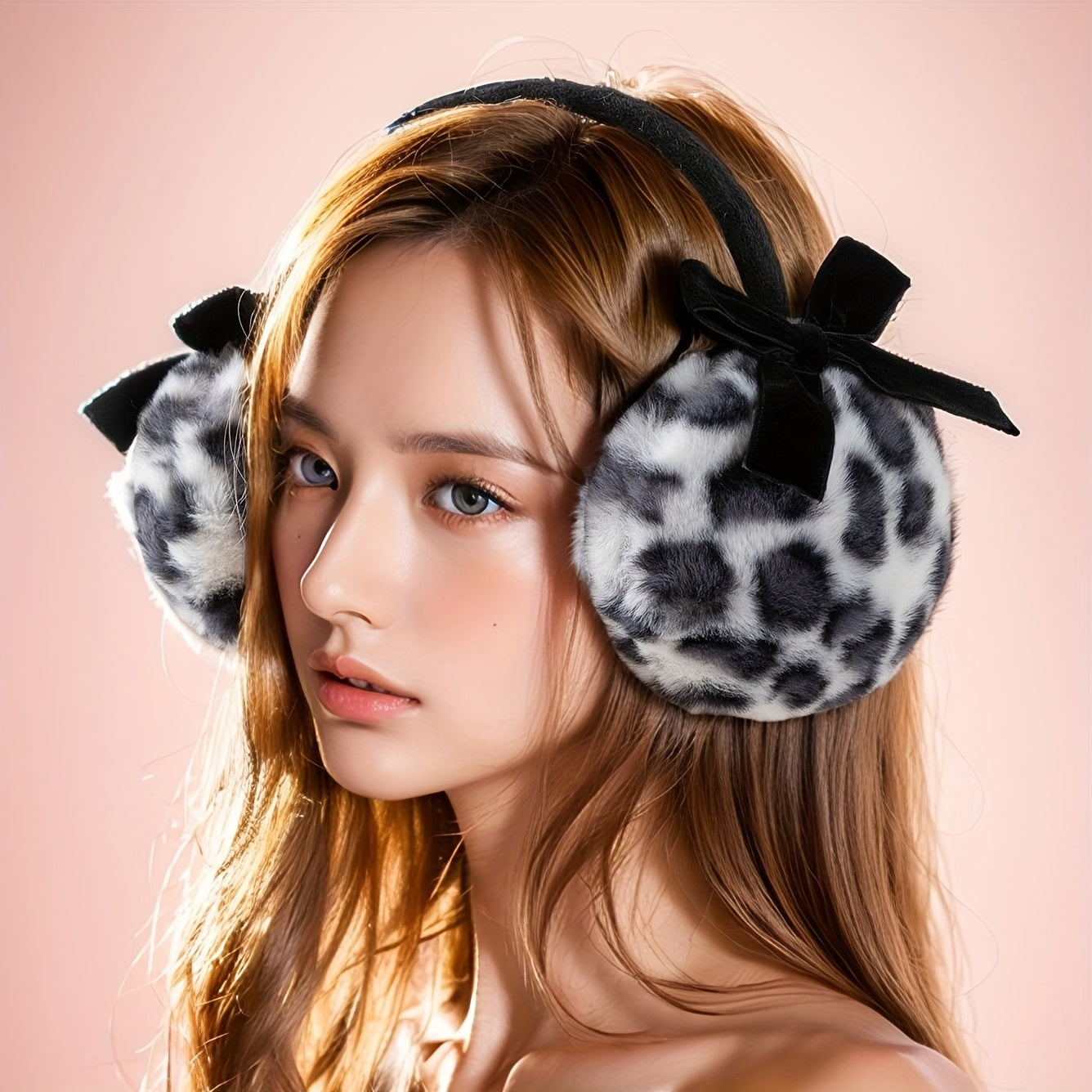 Leopard Print Plush Ear Muffs with Bow Detail - Warm & Cozy