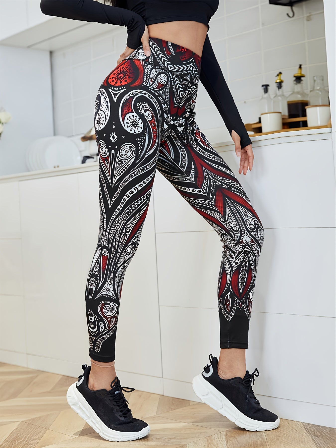 High Waisted Digital Print Leggings with Stripe Detail