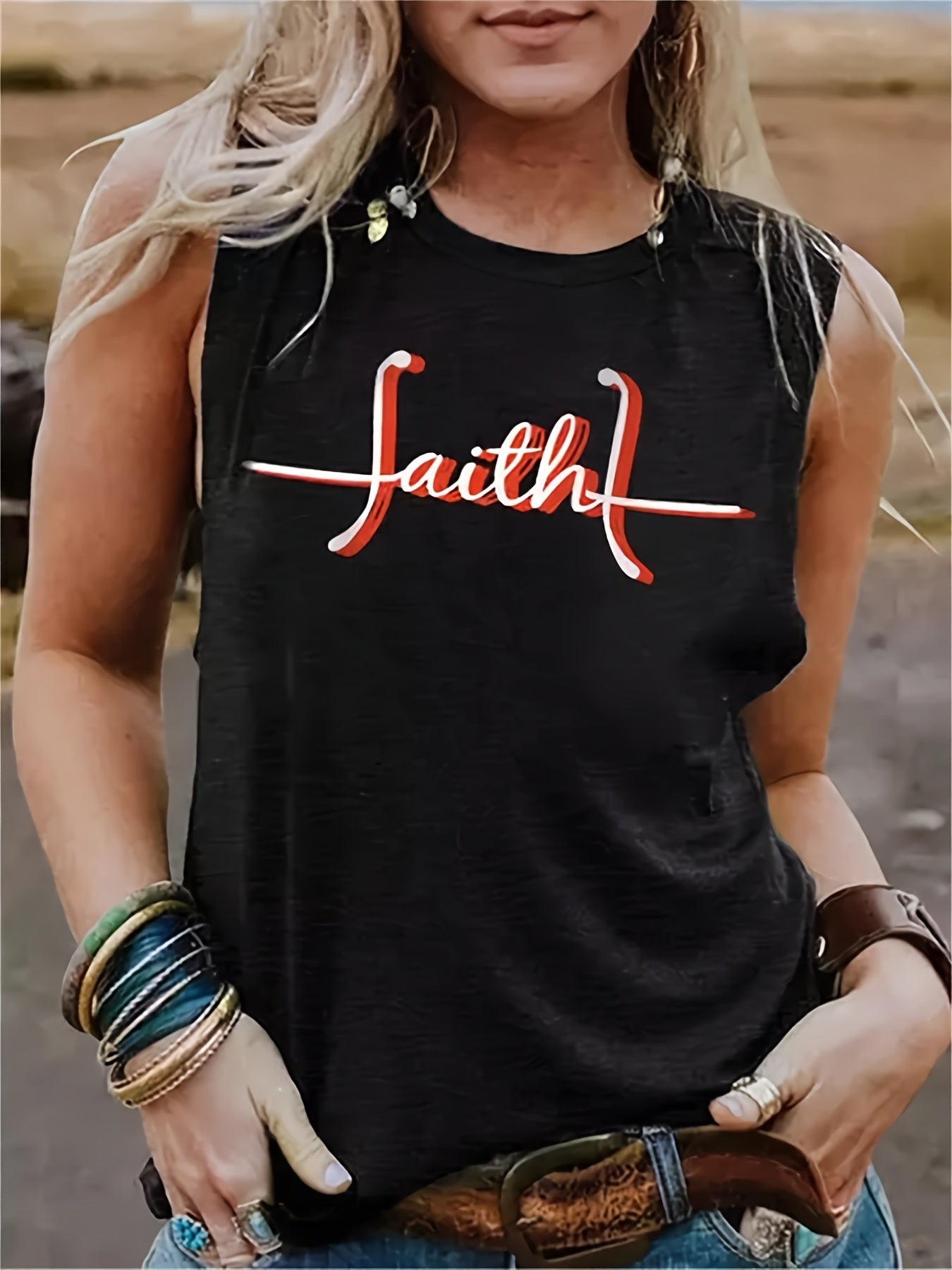 Faith Letter Print Tank Top Crew Neck Sleeveless Summer Tank Top