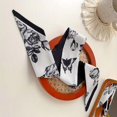 Vintage Butterfly Print Twilly Scarf Satin Neckerchief French Style Hair Ribbon
