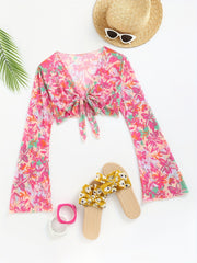 Floral Print Bell Sleeve Cover Up V Neck Stretchy Crop Beach Sun Protection