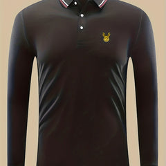 Golden Bunny Head Print Men's Casual Button Up Polo Shirt