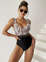 Leopard Print One Piece Swimsuit V Neck Ruffle Contrast Mesh Bathing Suit