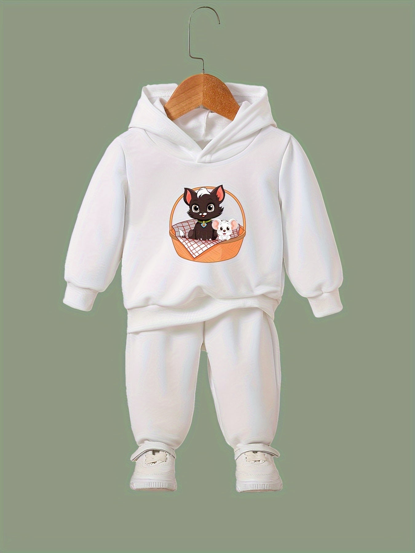 Kid's Cat & Mouse Print Hoodie & Pants Set Girl's Sporty Clothes