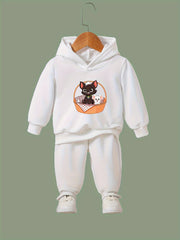 Kid's Cat & Mouse Print Hoodie & Pants Set Girl's Sporty Clothes