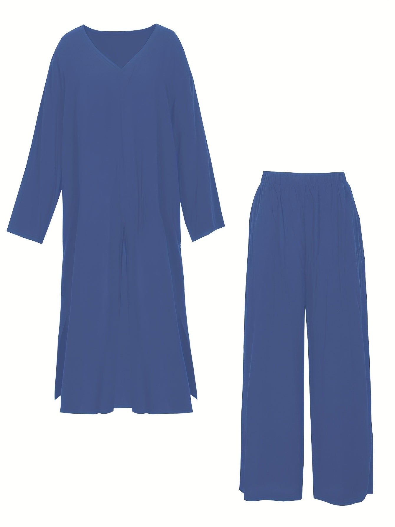 Plus Size Solid V Neck Tee & Wide Leg Pants Two Piece Set