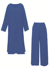 Plus Size Solid V Neck Tee & Wide Leg Pants Two Piece Set