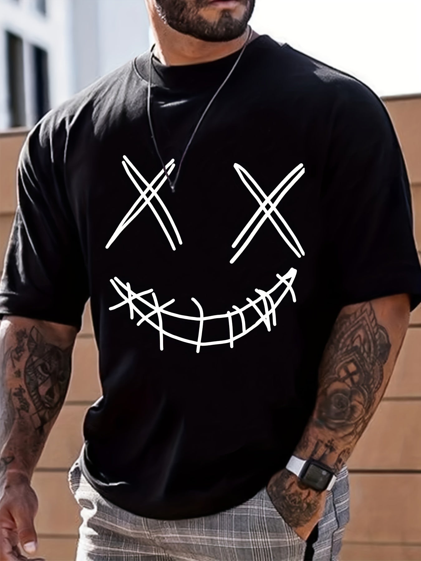 Men's Smiling Face Graphic Casual T Shirt Crew Neck Comfy Top
