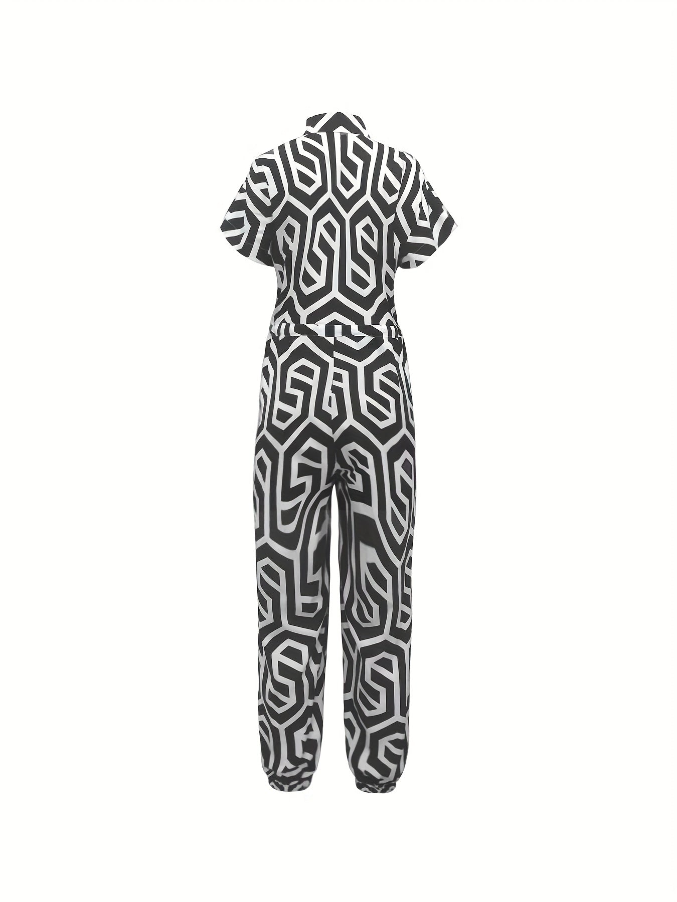 Print Drawstring Waist Jumpsuit Short Sleeve Button Jumpsuit