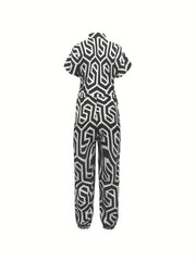 Print Drawstring Waist Jumpsuit Short Sleeve Button Jumpsuit