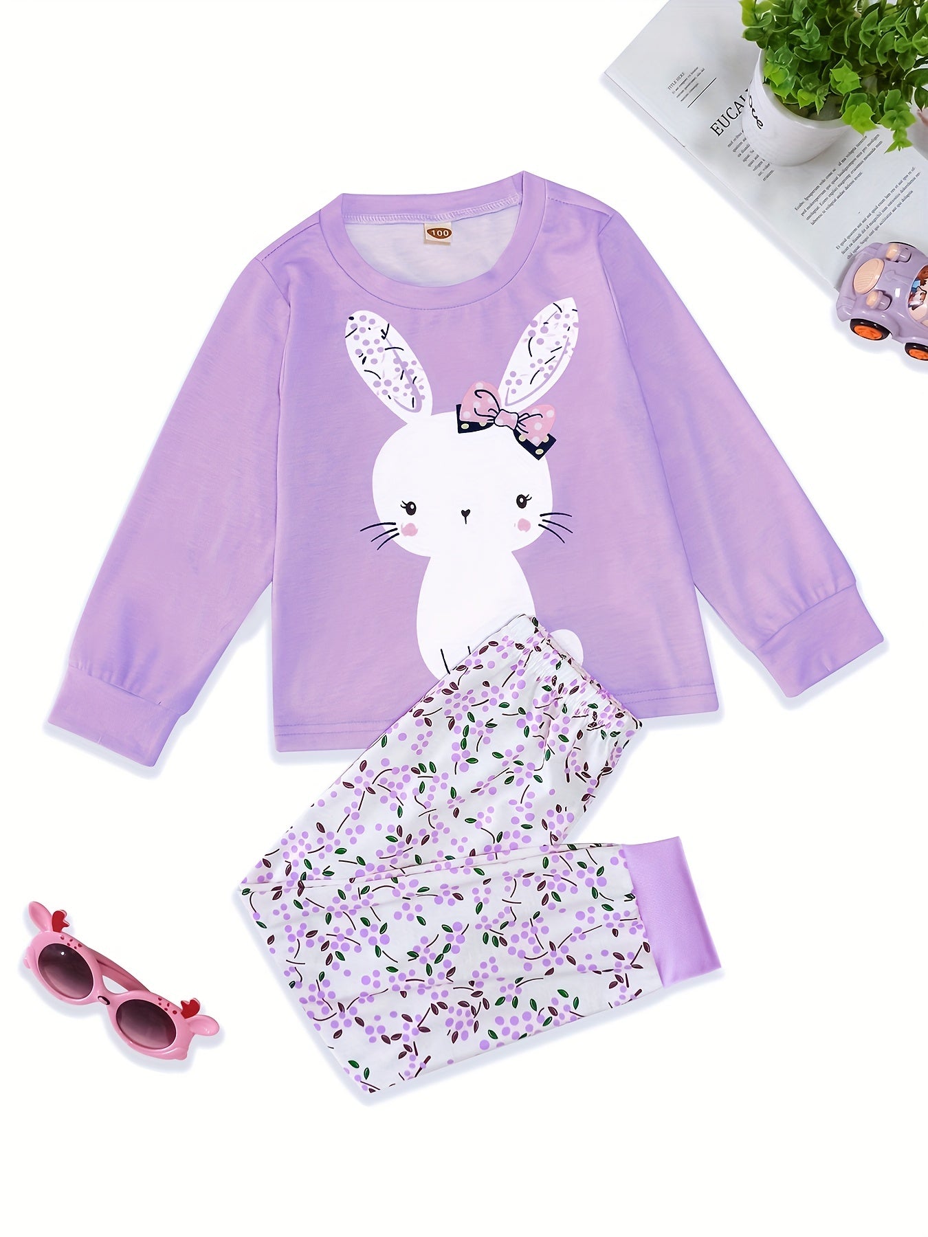 Girls Rabbit Top & Floral Trousers Pajama Set