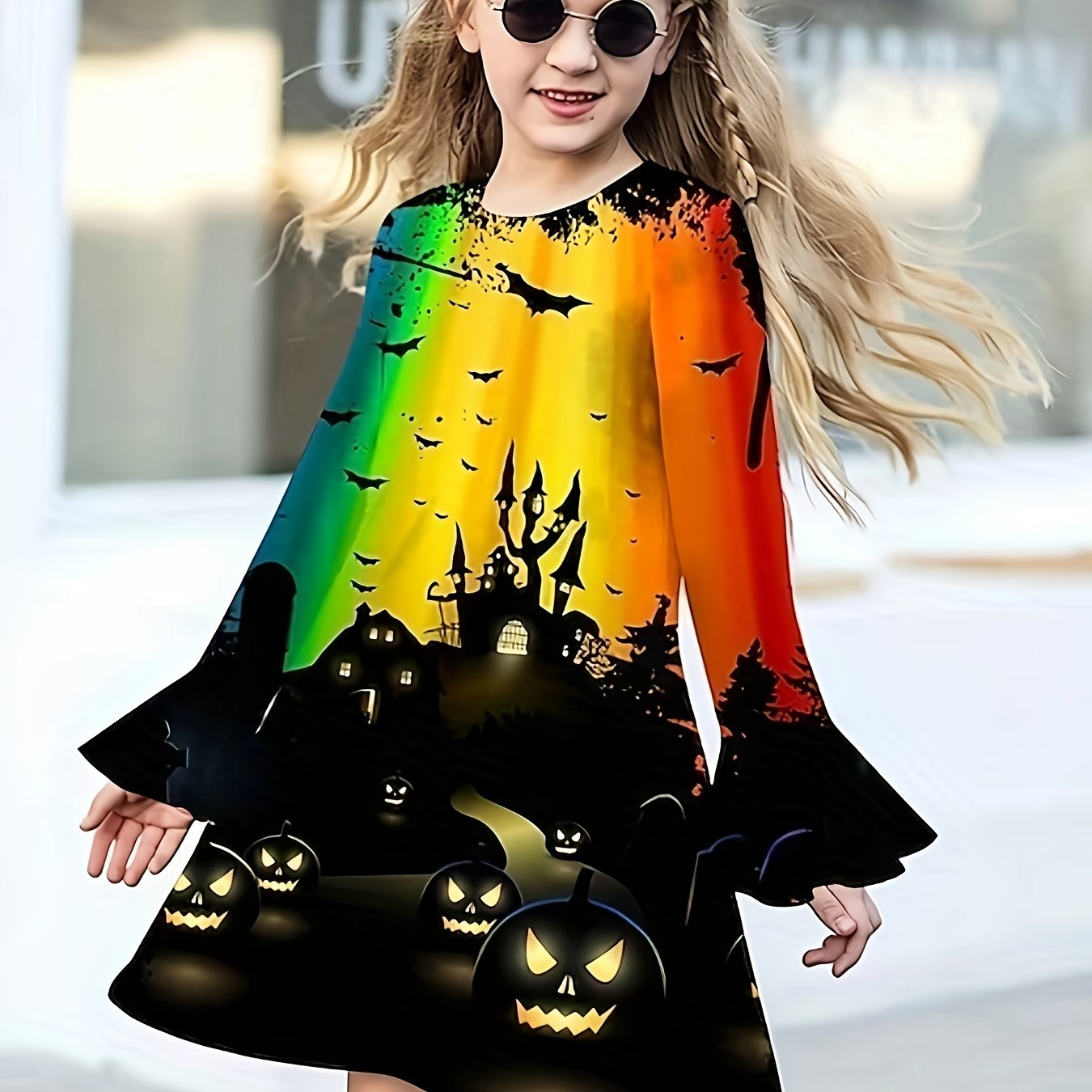 Girls Lovely Kitty Graphic Flare Sleeve Dress