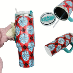 40oz Insulated Stainless Steel Water Bottle Turquoise Print with Handle