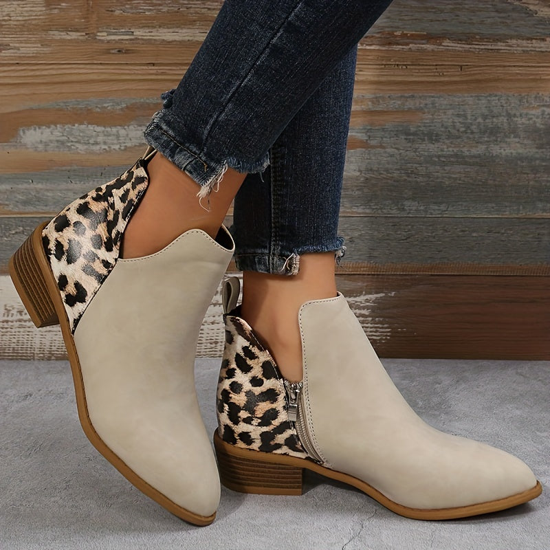 Leopard Pattern Chunky Boots Pointed Toe Side Zipper Short Boots