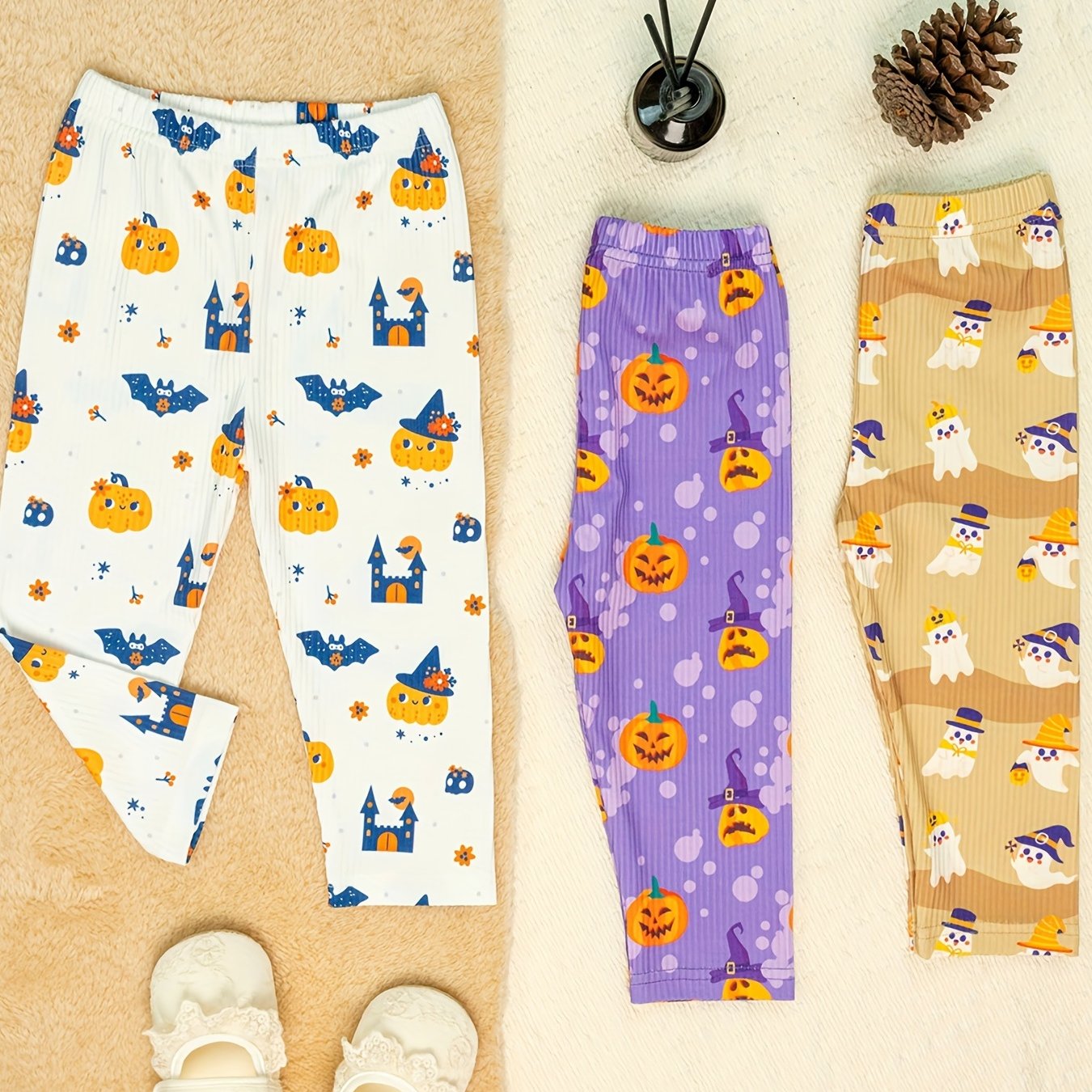 3pc Halloween Leggings For Girls, Cartoon Pattern Ankle Leggings Set