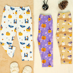 3pc Halloween Leggings For Girls, Cartoon Pattern Ankle Leggings Set