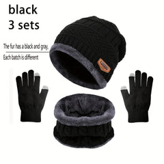 Winter Fleece lined Knit Hat Scarf Touch Gloves 3pc Set
