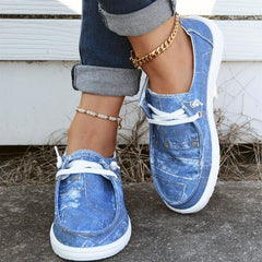 Women's Sea Denim Print Boat Shoes Lace Up Slip on Canvas Shoes