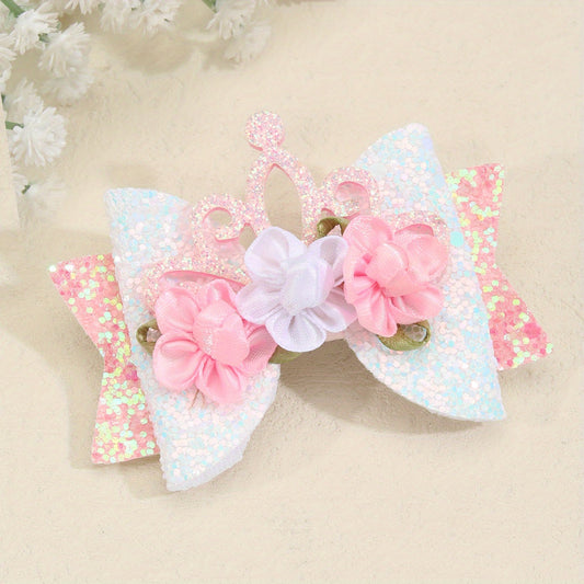Pink Glitter Crown Bow Flowers Hair Clips for Baby Girls