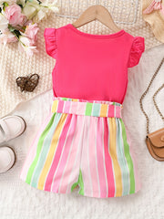 Girls Ruffled Sleeves Tee & Stripe Shorts Set