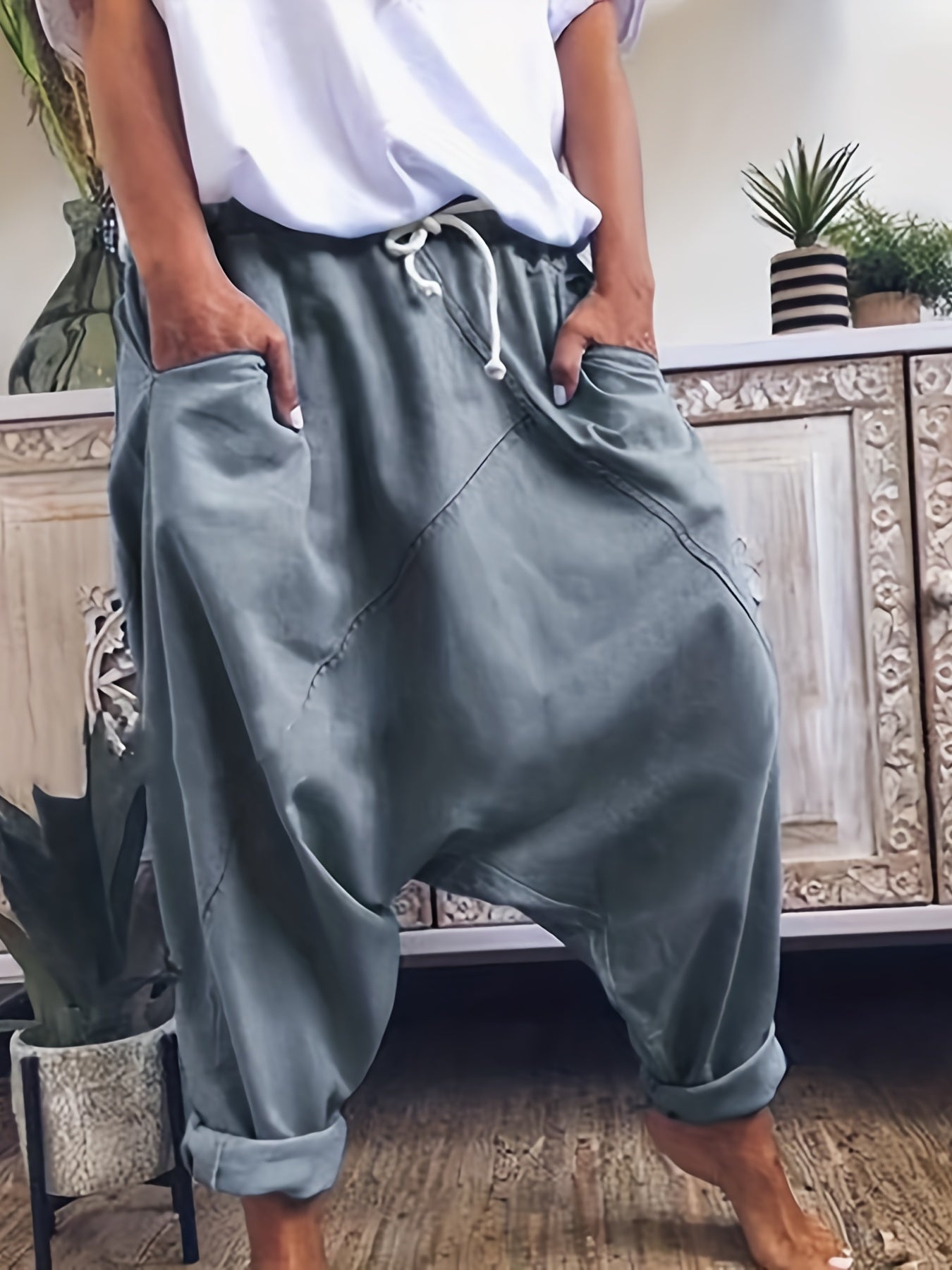 Solid Harem Pants Casual Elastic Waist Long Length Pants