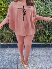 Women's Plus Letter Print Bat Sleeve Top & Leggings Set