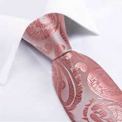Dibangu Men's Pink Paisley Striped Silk Woven Necktie Set