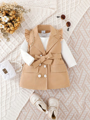 3pcs Baby Girl Stylish Button Up Flutter Sleeve Coat & Blouse & Belt Set
