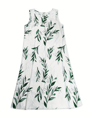2 Piece Set Women's Solid Cardigan & Leaf Print Tank Dress
