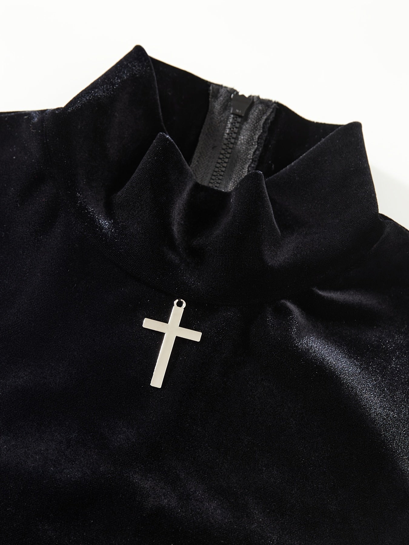 Gothic Cross Decor Mock Neck Bodysuit Long Sleeve One Piece Bodysuit