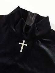 Gothic Cross Decor Mock Neck Bodysuit Long Sleeve One Piece Bodysuit