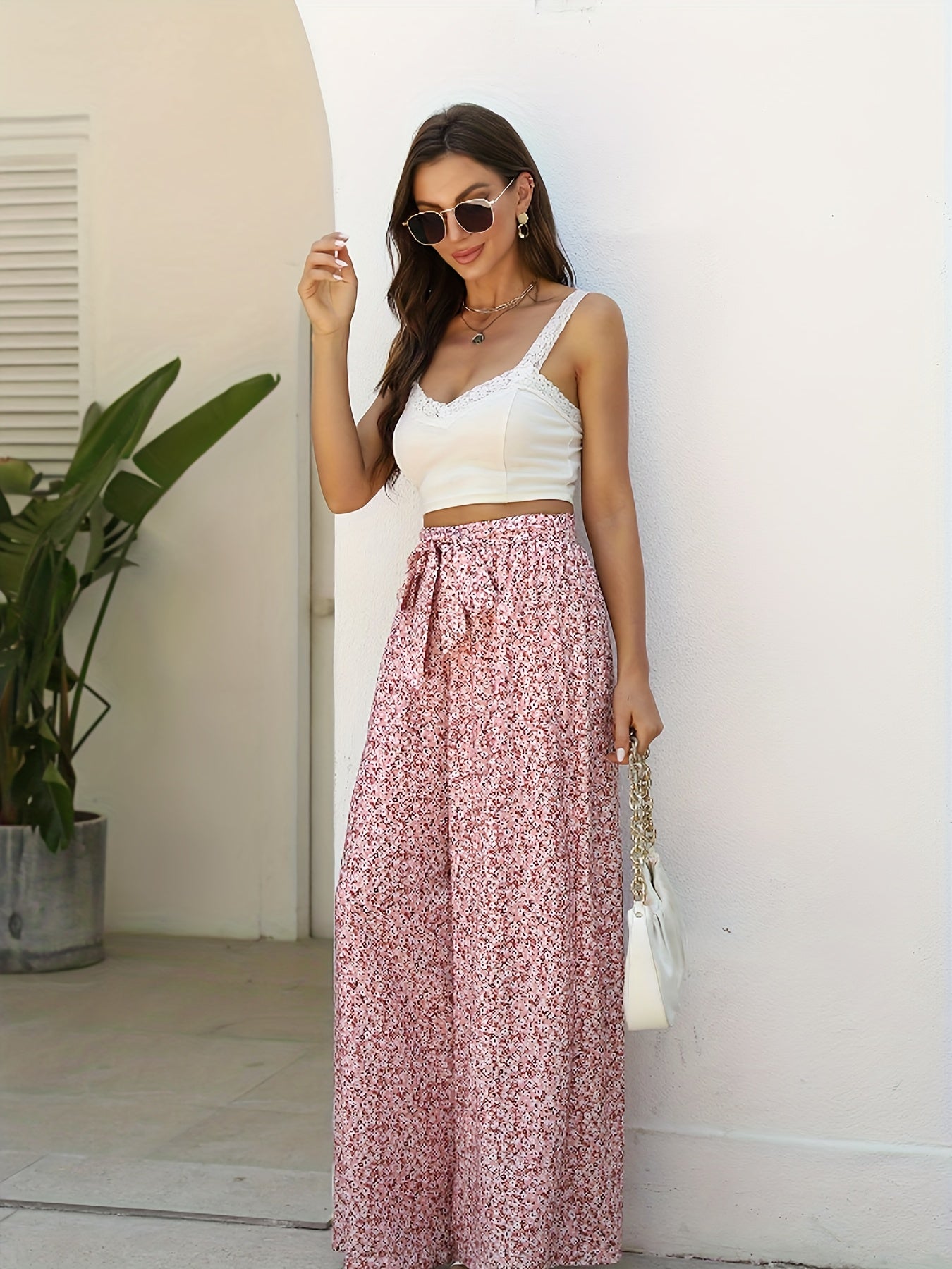 Floral Print Wide Leg Pants Casual Style