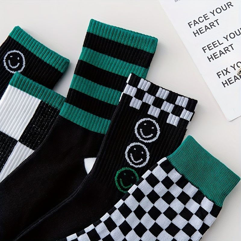5 Pairs Plaid Print Crew Socks for Women